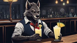 A happy werewolf with a pompadour haircut drinking a Pina Colada at a bar in London. Illustration.