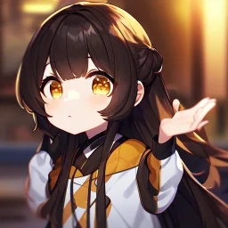 Clear focus, High resolution,a anime kid, roughline skecth, cute, cartoony style, brown long hair, yellow eyes, 1 yellow streak in hair, Half Chibi