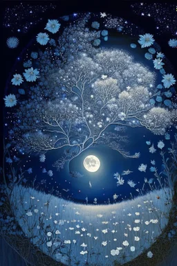 a background of softly blended blues, greys, silvers, and whites with distant, twinkling stars in the sky, an a perfectly round moon casting a soft glow of light on a foreground of a field of various flowers surrounding a tree of life