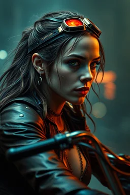 motion blur cyberpunk young biker Jennifer Connelly royal vampire with head band mods painted by Rembrandt and Titian and Giger as movie poster