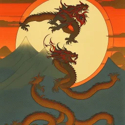 Ukiyo-e art, dragon, mountains and sun in the background