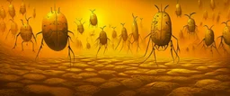 A yellow heavenly light field with bugs designed in ancient Egyptian hieroglyphics painted by Zhang Lu