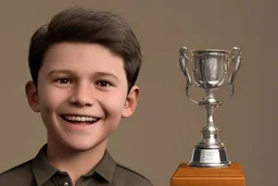 At the top of the trophy, there is a boy character in a triumphant pose. The boy is around 10 years old and is depicted with an enthusiastic and confident expression. He has a joyful smile on his face, and his eyes are gleaming with pride.