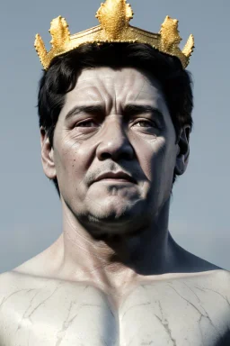 Ultra Realistic image, classic sculpture, white marble material, Maradona, gold crown of natural thorns, god crown, gold veins, gold ornaments, sun rays background, waist up portrait, epic, celestial, cinematic lighting, God lights, 4k resolution, smooth details, soft lighting, unreal engine 5, art station, substance 3d.