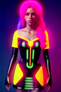 Cyber Shakira, artist, Realistic image, waist up portrait, latex style dress. loose long hair, eyes make up, perfect, glow, circle iris. Neon colors, leds, geometric shapes. Dark background, photo studio, neon lights. Cyberpunk, concept art, smooth, unreal engine 5, god lights, ray tracing, RTX, lumen lighting, ultra detail, volumetric lighting, 3d, finely drawn, high definition, 4k.