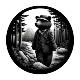 Sticker design on white background, Teddybear walking in a forest, in Gustave Dorè art style, high details, photorealistic, monochrome, black and white