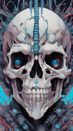 a close up of a person with a skull on their head, blue and black colors, anime skull portrait man, scary detailed art in color, hiroyuki-mitsume takahashi, nychos art aesthetic, half man half skeleton, anime cyberpunk art, colored manga art, rossdraws pastel vibrant, hot colors. insanely detailed, beautiful anime portrait, stunning anime face portrait, scary art in color