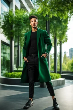 fullbody shot of young-man-with-a-perfect-face standing in green trees