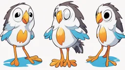 Design a cartoonic bird character named "Pip" who is known for his adventurous spirit and infectious curiosity. Pip should have brightly colored feathers, expressive eyes, and a mischievous grin. He loves to explore new places and make friends with creatures of all shapes and sizes. Create Pip in various poses and activities, such as soaring through the sky with wings outstretched, perched on a tree branch with a quizzical expression, or sharing a laugh with a group of woodland animals. Let your