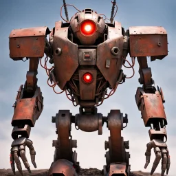 trash mech suit, human-sized, made of scrap metal, cockpit in chest cavity, light rust, round, one red glowing eye, loose wires, escape hatch