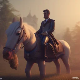 Full body, 3d render, homer simpson 1800's men style, 1800's hair style, 1800's men clothes style,riding horse, hyper realistic, octane render, unreal engine 5, 8k, palace background, uhd