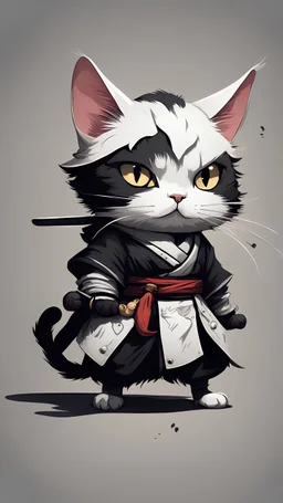I want a wallpaper, with a black and white cat, one eye is missing and scarred, I want the cat to be a murderous samurai, with a humanoid posture and looking straight ahead. I want you to hold the head of a decapitated mouse in your hand.