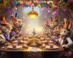 the mad hatter's tea party, long table, the march hare, the mad hatter, field mouse, alice, the cheshire cat, alice in wonderland, signpost pointing in different directions, orbs of light, tea pot, teacup, film still