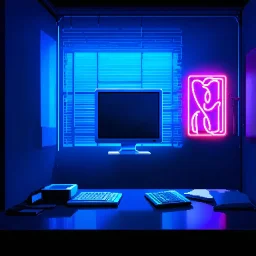 Unsettling room, neon lights, signs, empty, a computer is running, liminalcore, distressful, anguish, painful