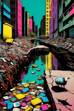 painting of a cyberpunk colourful natural walkway rubbish on the street in the city with pollution and a small bridge by a creek with electric sheep and androids by andy warhol