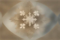 snowflakes, flowers, blur 5%, double exposure, merged layers, silver glitters, in the first part (near to us) of the picture you can see a plain sandblown smoked glass, engraved with a folk art pattern, the glass is cracked in several places, in some places the glass is broken, crumpled burlap, through it you can see a tropical rainforest with a waterfall, mist, tooth, sunrise