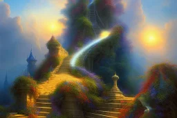 mythical long stairway up to heaven in the sky, beautiful colours, romanticism, fantasy, Neo-Impressionism, fine art