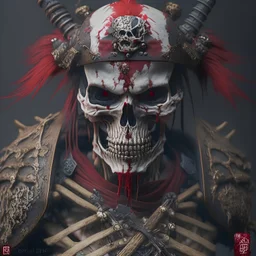 Ultra realistic rendering of samurai, steampunk, blood, guts,Detailed Fantasy Skeleton Horror, Skull bones, Skeleton fighter, D&D Detailed bones and skull, Dirty, Detailed Features, Refine, Refine skull, Human Skull darkred tones,