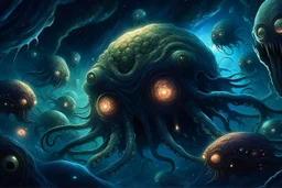 View into an event horizon in space with many enormous strange tentacled whale-like creatures with many huge faceted eyes and mouths, flying around