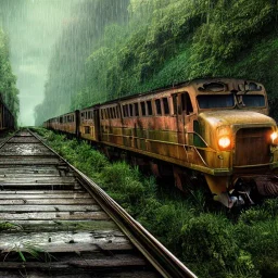 an abandoned train on tracks overgrown by nature with large puddles of water flooding part of tracks, 8k resolution, high-quality, fine-detail, intricate, digital art, detailed matte, volumetric lighting, illustration, 3D octane render, brian froud, howard lyon, selina french, anna dittmann, annie stokes, lisa parker, greg rutowski