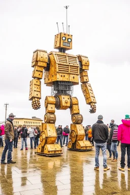 little people looking at huge dancin giant robot of vitalik buterin at burning man festival in the rain