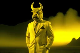 a realistic photo of minotaurus from head to torso wearing flashing yellow tuxedo with blur nuclear bomb test background at night.