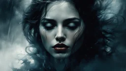 The image is a stylized portrait of a woman with her eyes closed and her lips slightly parted, one tear, by Dave McKean, Jeremy Mann, hyperrealism, dense fog, detailed matte painting, deep colors, fantasy, complex detail, splash screen, additional colors with complex, complex contrast, HDR, sharp, soft cinematic volumetric lighting, perfect masterpiece of fantasy art