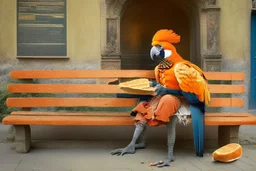 Half parrot half human in a 1700s Orange Dutch uniform siting on a bench in a Dutch city eating a loaf of bread