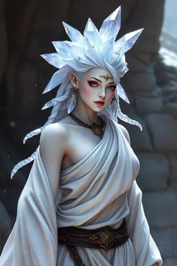 Please generate a female earth genasi monk for D&D. She should have bright marble skin with glittering sparkles like gem dust. Her hair should appear fully carved out of crystal