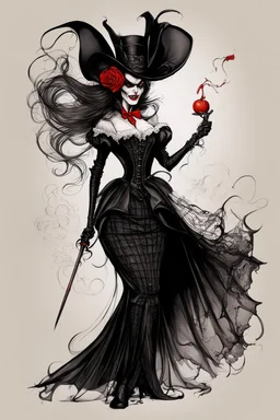 create a full body, seductive, female goth vampire with highly detailed and refined facial features, clothed in Victorian dress and fishnet stockings, in the caricature cartoon style of Gerald Scarfe and Ralph Steadman, precisely drawn, boldly inked, vividly colored, 4k