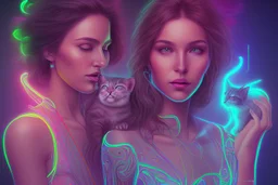 black light art, neon lines, contented brunette woman with fluffy kitten seeking something in the distance