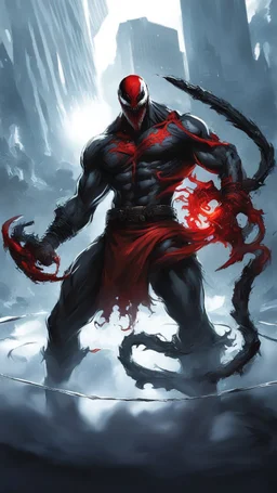 Venom symbiote with kratos Beard and red tattoos and Clothes, holding blade of choice