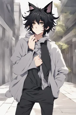 A male anime boy with messy black hair, black cat ears.