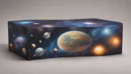 a box 10 cm long by 5 cm wide and 25 cm high, space, planets, aliens, and more beautiful, realistic