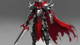 Silver and red fantasy demon armour, with a red cape, with a silver and red two-handed sword