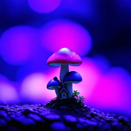 "Close up of a wonderful tiny Mushroom Tower home. Magenta and indigo with bright white, deep black and contrasting tones of gray magenta and violet colors. Illuminated bioluminescent forest. Professional painter, master at composition. small but detailed. broken, blurred background, voluminous lighting"