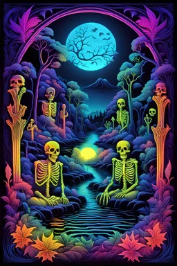 neon skeletons, 3D embossed textured ethereal image; midnight hues, extreme colors, neon skeletons in a graveyard by a river; trippin', psychedelic, groovy, art nouveau; indica, sativa, leaves, gig poster art, macabre, eldritch, bizarre, extreme neon colors, mixed media, velvet, blacklight, uv