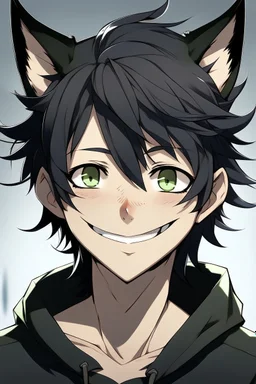 A male anime man with messy black hair, black cat ears, smiling.