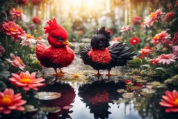 red and black chicken and small chibi duck in a flowergarden with beautiful flowers, pond, in sunshine, H.R. Giger, anime, steampunk, sürreal, watercolor and black in outlines, golden glitter, ethereal, cinematic postprocessing, bokeh, dof