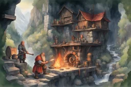 Medieval fantasy watercolor: Thalgrim's Forge built into mountainside. Stone-timber workshop with blackened walls, forge heat radiating. Dwarf blacksmith Thalgrim works glowing anvil while apprentice Eira watches. Outside: mining tools, gears, pulleys. Green terraces, forest, river reflects sky. Broad-shouldered dwarf, braided beard, focused eyes reflect red-hot metal. Sharp-eyed human apprentice assists. Orange smoke meets blue-green sky Spring foliage, echoing hammer sounds mix with river flow