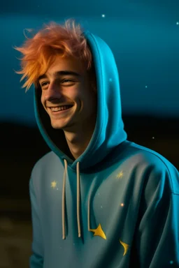 A young man with tousled pink hair and golden eyes floating among the stars wearing a light blue hoodie and black board shorts. He is smiling softly and holding a star in one hand.