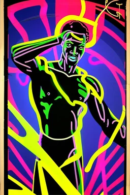 70s Black light poster design in the style of George Goode, featured “a black man rais[ing] his unshackled fist while the background bursts with fluorescent yellow flame.” neon fluorescent glow, psychedelic, bright, shimmering, fluorescent colors pop and sizzle, mystique, cosmic