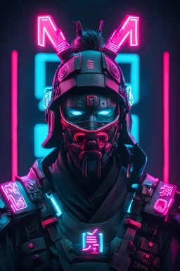 Cyberpunk samurai wearing a face mask with the letter "m" above his head neon light.