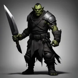 Half-Orc with ebony blade Wearing Assist Suit which is dark grey and black for tactical strikes, background shadows