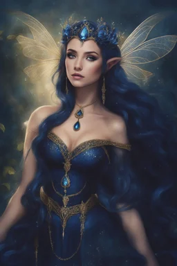 Midnight blue,Dark blue hair,night,dark fairy princess ,elven crown,elven ears,sparkle,glitter,gold armor,dragonflies,rapunzel hair,water lilies