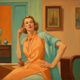 oil painting of woman in messy blouse pointing to her neck, 1950s architecture interior house, art deco furniture visible. peach orange and cyan interior