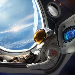 hyper-realistic astronaut with his pet cat inside spaceship, 8k resolution, high-quality, fine-detail, detailed matte, intricate, 3D octane render, illustration, digital art, brian froud, howard lyon, anna dittman, greg rutowski,