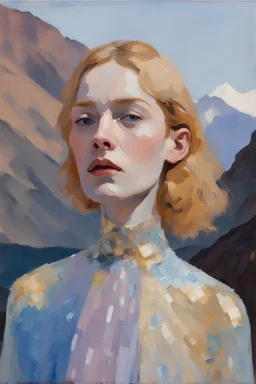 Euan Uglow oil impasto painting Close-up photo, Otherworldly, blonde ginger HD face Actress knight fashion, jelly Gaudi Iris Van Harpen translucent haute couture gold mauve blue ivory pearlescent knitted medium-transparent silk sparlkles stole gown costume, Austrian Symbolism, arcane atmosphere, at dawn behind mountains River Mountain