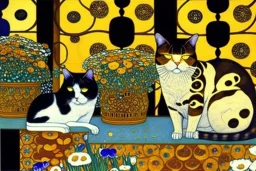 Two cats on a terrace. Gustav Klimt. Perfect brown eyes with perfect iris, perfect pupils.