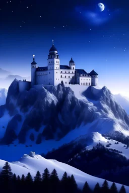 A large castle made of white stone with a town. It sits atop a snowy mountain and in a peak beside it is an observatory. The sky is a dark purpleish blue with lots of stars